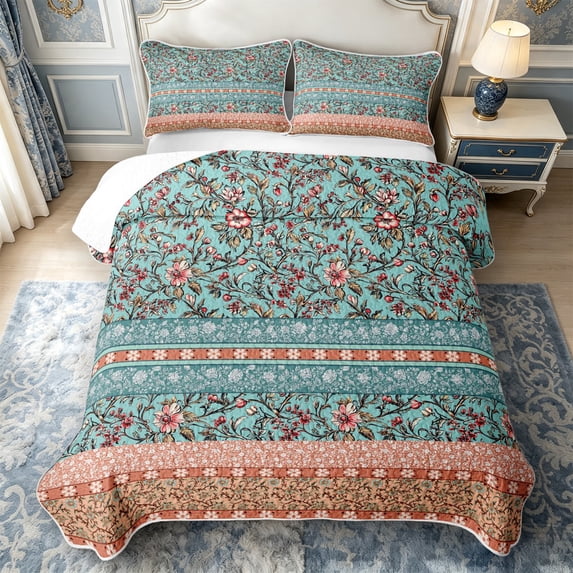 meiyoeat Boho Floral Quilt King For Girls,Border Print King Coverlet Set,Teal Multicolor,3 Pieces,1 Bedspread and 2 Pillowcases