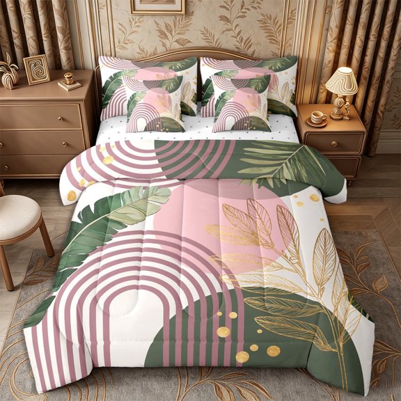 meiyoeat Boho Tropical Leaf 7-Piece Twin Bedding,Geometric Print Bedding Comforter Set for Bedroom,Green Pink,Reversible