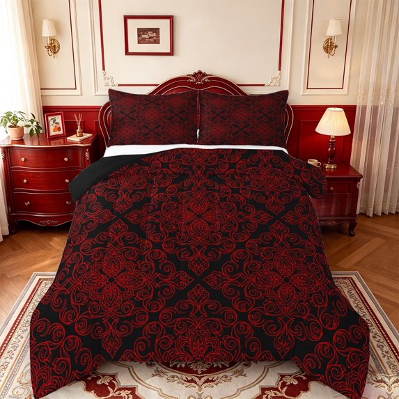meiyoeat Bold Damask Queen Comforter Set For Men Women,Intricate Pattern Comforter Sets Queen,Red Black,Black Reversible,3-Piece,1 Comforter and 2 Pillowcases