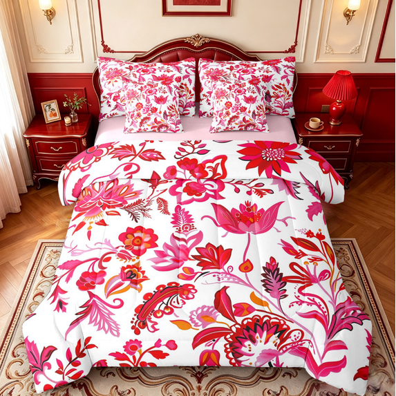 meiyoeat Bold Floral 7 Pieces Full Size Bedding Sets For Girls,Exotic Print Full Size Bed in a Bag,Red Pink White,Pink Reversible