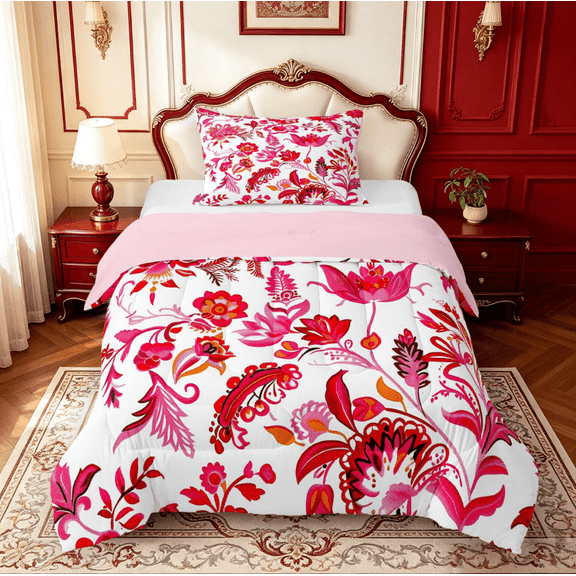 meiyoeat Bold Floral Twin Comforter Sets For Girls,Exotic Print Bedding Set,Red Pink White,Pink Reversible,2 Pieces,1 Comforter and 1 Pillowcase