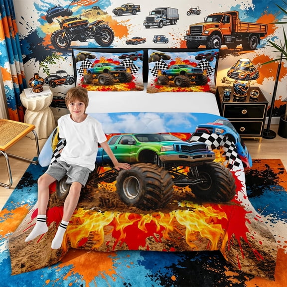 meiyoeat Bold Monster Truck Queen Comforter Set 3 Pieces,Flame Flag Print Comforter Sets Queen,Orange Red Green,Reversible,1 Comforter and 2 Pillowcases