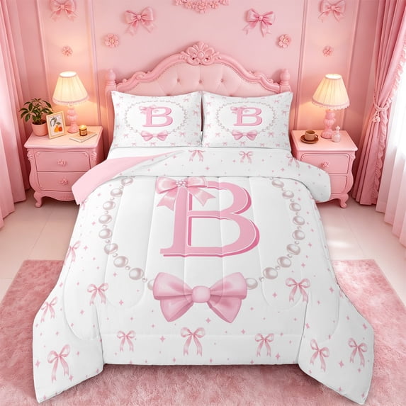 meiyoeat Bow Alphabet B King Size Comforter Sets For Girls,Kids Pink Coquette Bowknot Comforters King Size,Pink Reversible,3-Piece