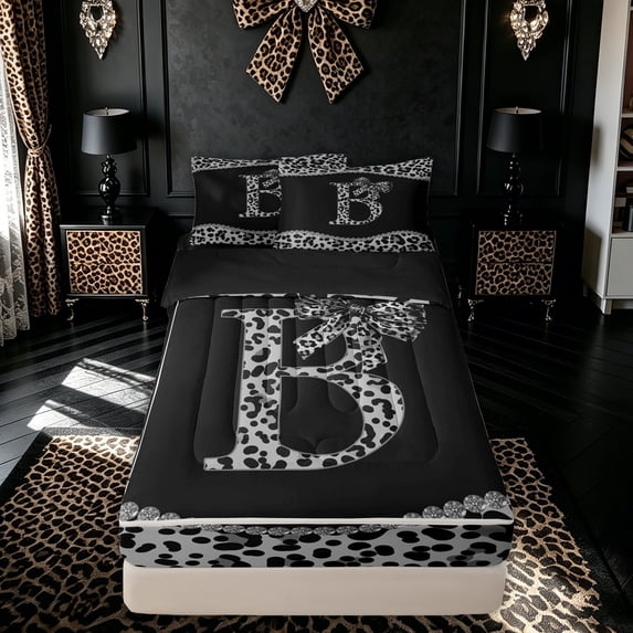 meiyoeat Bow Cheetah B Zipper Full Size Comforter Sets with Fitted Sheet and 2 Pillowcases for Women Girls, Fashion Cheetah Print Ribbon Zipper Bedding Set, Black White, Black Reversible, 4-Piece