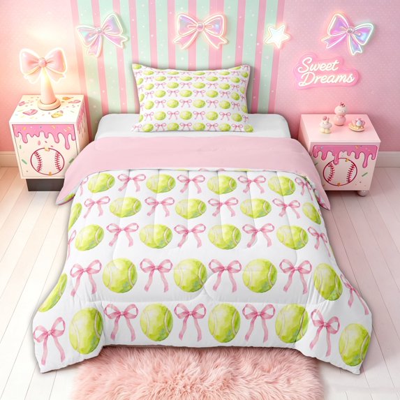 meiyoeat Bow Green Tennis Twin Comforter Sets for Girls, Kawaii Cartoon Ribbon Bedding Set, Pink Reversible, 2-Piece, 1 Comforter and 1 Pillowcase