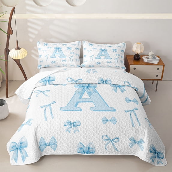 meiyoeat Bow Letter A Twin Quilt Set for Girls, Gingham Ribbon Twin Coverlet Set for Bedroom, Blue, 2pcs