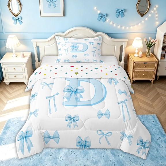 meiyoeat Bow Letter D Twin Comforter Sets for Girls, Gingham Ribbon Bedding Set for Bedroom, Blue, Polkadot Reversible, 2pcs, 1 Comforter and 1 Pillowcase