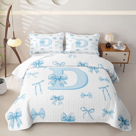 meiyoeat Bow Letter D Twin Quilt Set for Girls, Gingham Ribbon Twin Coverlet Set for Bedroom, Blue, 2pcs