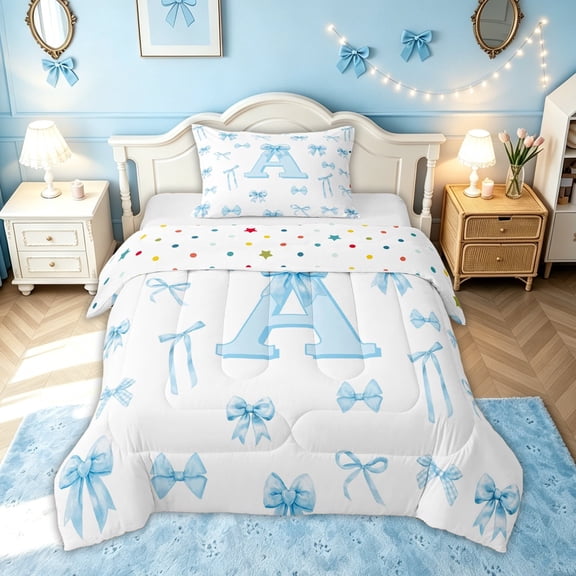 meiyoeat Bow Letter A Twin Comforter Sets for Girls, Gingham Ribbon Bedding Set for Bedroom, Blue, Polkadot Reversible, 2pcs, 1 Comforter and 1 Pillowcase