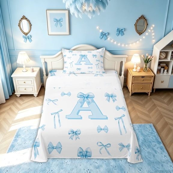 meiyoeat Bow Letter A Twin Sheets for Girls, Gingham Ribbon Bedding for Bedroom, Blue, Polkadot Reversible, 1 Flat Sheet, 1 Fitted Sheet and 1 Pillowcase