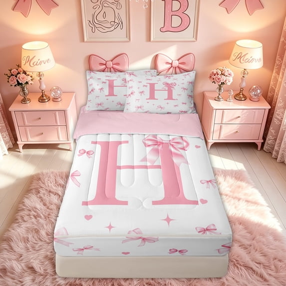 meiyoeat Bow Letter Zipper Comforter Set with Fitted Sheet and 2 Pillowcases for Girls, Love Heart Zipper Bedding Set for Kids, Pink, Pink Reversible, 3 Pieces