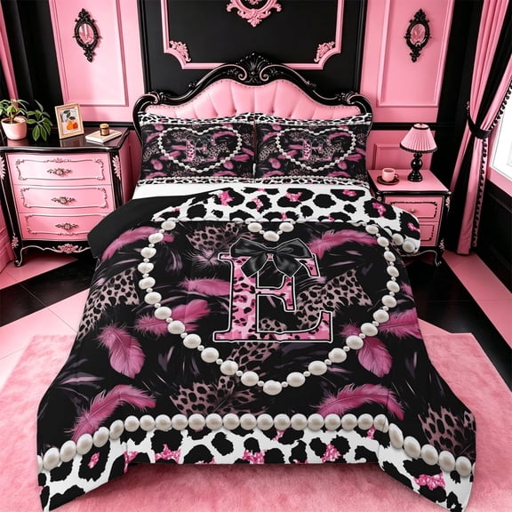 meiyoeat Bow Monogrammed Print E Full Size Comforter Sets For Girls,Pink Cheetah Pattern Initial Theme Bedding Sets For Kids,black Reversible,3-Piece