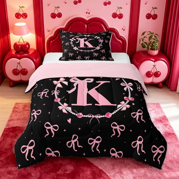 meiyoeat Pink Ribbon Bow Twin Comforter Sets,3D Monogrammed K Bedding Set For Girl,Pink Reversible,2-Piece,1 Comforter and 1 Pillowcase