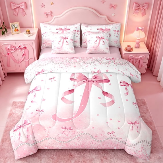 meiyoeat Bow Pink Monogram J 7Pcs Queen Bedding,Beauty Bling Print Alphabet Art Bedding Comforter Set Queen For Girl,Pink Reversible