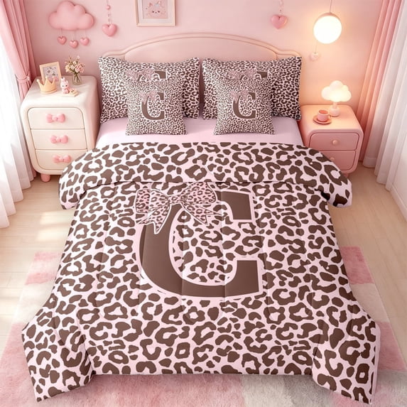 meiyoeat Bow Tie Leopard Initial C 7 Pieces Full Size Bedding Sets For Girls,Pink Print Monogram Art Full Size Bed in a Bag,Pink Reversible