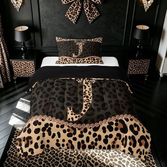 meiyoeat Bowknot Letter J Twin Comforter Sets for Kids Girls, Cheetah Print Diamond Bedding Set, Brown Black, Black Reversible, 2-Piece, 1 Comforter and 1 Pillowcase