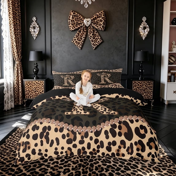 meiyoeat Bowknot Letter R Bedding for Kids Girls, Cheetah Print Diamond Duvet Cover Full, Brown Black, Black Reversible, 3 Pieces, 1 Duvet Cover and 2 Pillowcases
