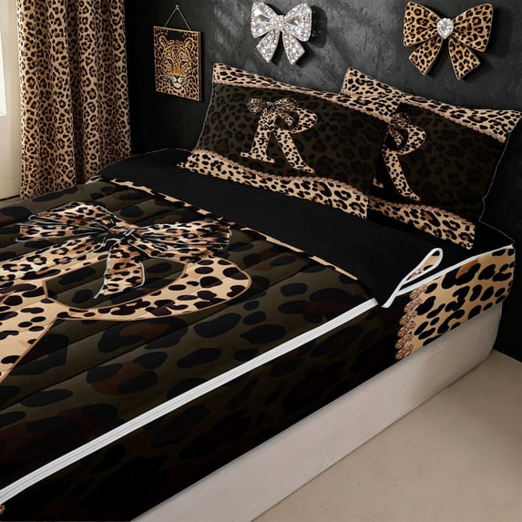 meiyoeat Bowknot Letter R Zipper Twin Comforter Sets with Fitted Sheet and 2 Pillowcases for Kids Girls, Cheetah Print Diamond Zipper Bedding Set, Brown Black, Black Reversible, 4 Pieces