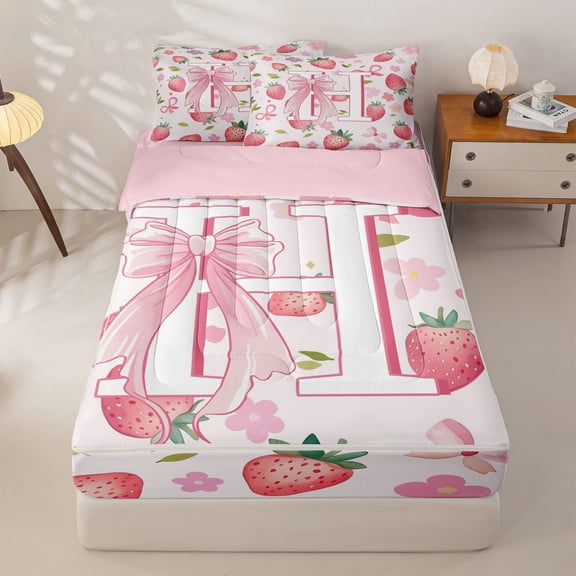 meiyoeat Bowknot Letter Zipper Comforter Set with Fitted Sheet and 2 Pillowcases for Kids, Fruit Strawberry Zipper Bedding Set, Pink, Pink Reversible, 3pcs