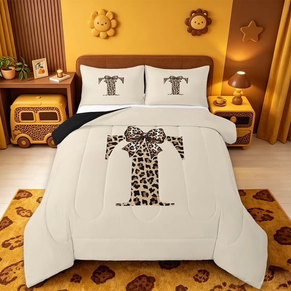 meiyoeat Bowknot Print Letter Queen Comforter Set,Cheetah Monogram Art T Comforter Sets Queen,Black Reversible,3-Piece,1 Comforter And 2 Pillowcases