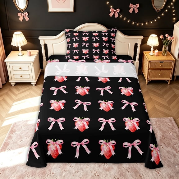 meiyoeat Bowknot Strawberry Twin Sheets for Kids Girls, Watercolor Bow Bedding for Bedroom, Black Pink, 3pcs