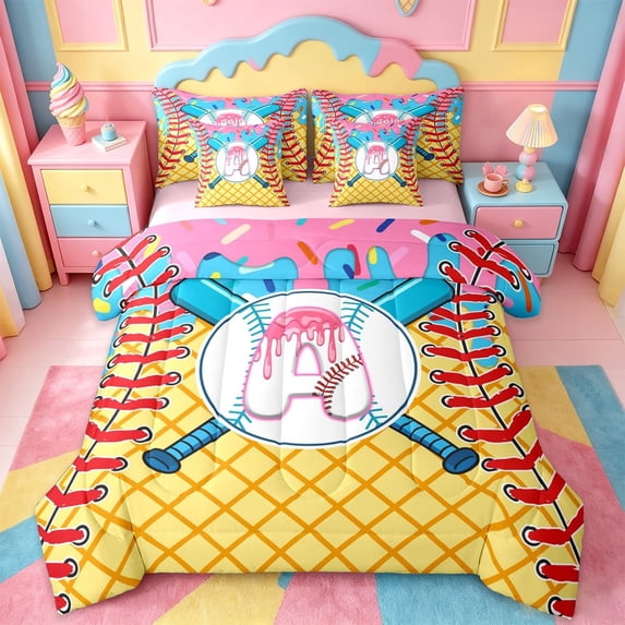 meiyoeat Boys Baseball Ball Games 7-Piece Twin Bedding Sets,Watercolor Ice Cream Monogram A Print Bedding Comforter Set For Kids,pink Reversible