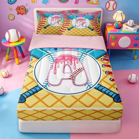 meiyoeat Boys Baseball Ball Games Zipper Twin Comforter Sets with Fitted Sheet and 2 Pillowcases,Watercolor Ice Cream Monogram A Print Zipper Bedding Set For Kids,pink Reversible,4 Pieces