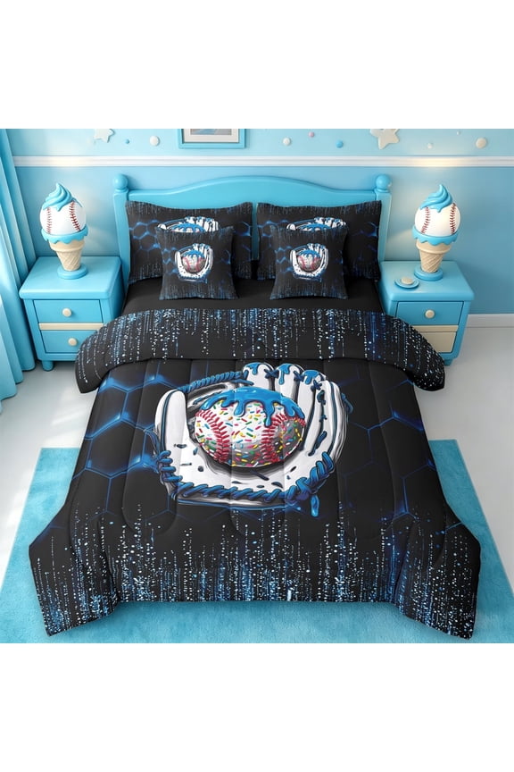 Boys Baseball Sport Games 7 Pieces Full Size Bedding Sets,Modern Geometric Honeycomb Pattern Full Size Bed in a Bag For Kids,Black Reversible