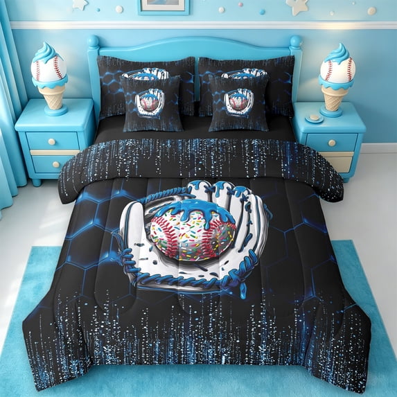 meiyoeat Boys Baseball Sport Games 7Pcs Queen Bedding,Modern Geometric Honeycomb Pattern Bedding Comforter Set Queen For Kids,Black Reversible