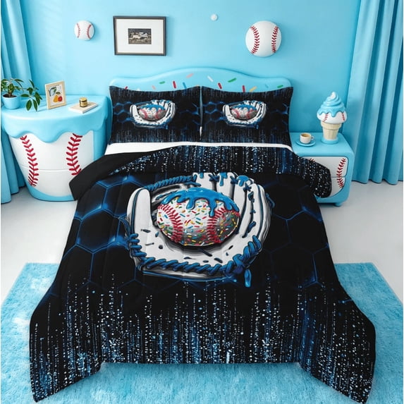meiyoeat Boys Baseball Sport Games Queen Comforter Set,Modern Geometric Honeycomb Pattern Comforter Sets Queen For Kids,Black Reversible,3 Pieces