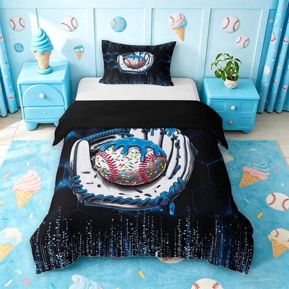 meiyoeat Boys Baseball Sport Games Twin Duvet Cover,Modern Geometric Honeycomb Pattern Twin Bedding For Kids,Black Reversible,2pcs(No Comforter)