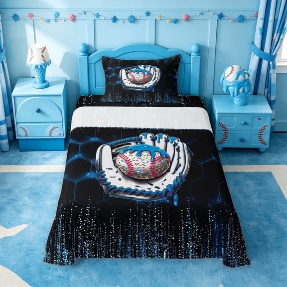 meiyoeat Boys Baseball Sport Games Twin Sheets,Modern Geometric Honeycomb Pattern Bedding For Kids,3pcs