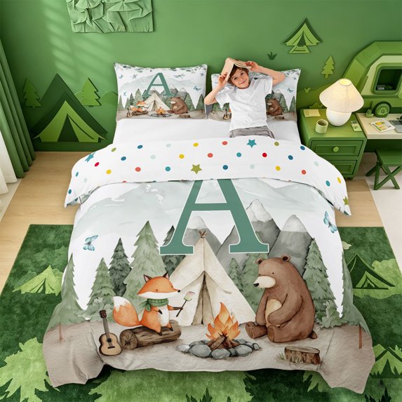 meiyoeat Boys Camper Bedding For Boys,Green A Alphabet Duvet Cover Full,Polkadot Reversible,3 Pieces,1 Duvet Cover and 2 Pillowcases