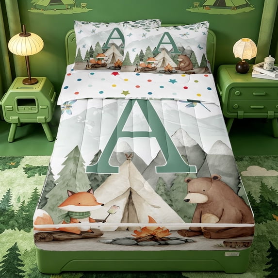 meiyoeat Boys Camper Zipper Twin Comforter Sets with Fitted Sheet and 2 Pillowcases For Boys,Green A Alphabet Zipper Bedding Set,Polkadot Reversible,4 Pieces