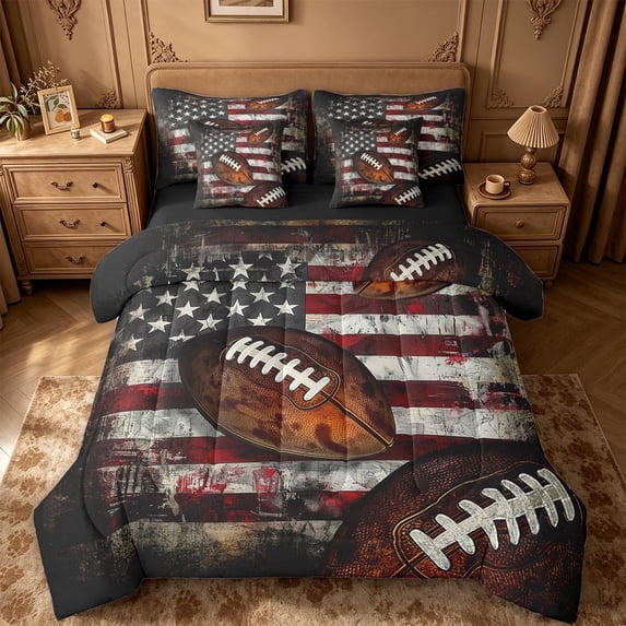 meiyoeat Boys Football Games 7 Pieces Full Size Bedding Sets For Kids,Vintage American Flag Pattern Full Size Bed in a Bag For Boys,Black Reversible