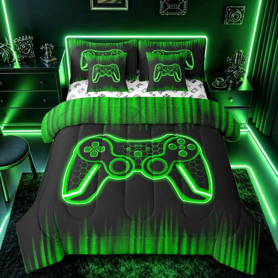 meiyoeat Boys Gamer Bedding Comforter Set, Hexagon Neon Gaming Console Full Bedding Set, Black Green, Gamepad Reversible 7pcs
