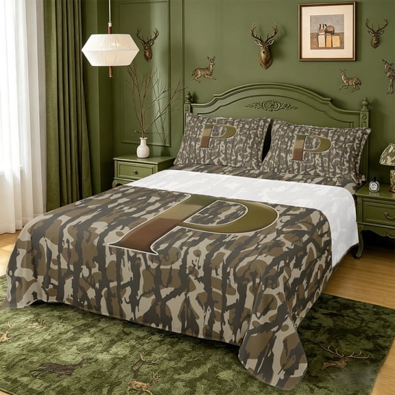 meiyoeat Boys Personalized Camo Gift Queen Sheets For Kids,Outdoor Camouflage Monogrammed P Queen Sheet Sets,4pcs
