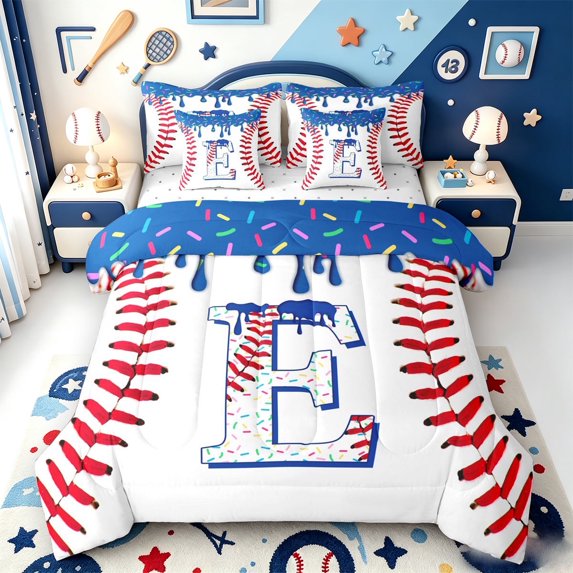 meiyoeat Boys Personalized Initial E 7-Piece Twin Bedding,Baseball Sport Games Bedding Comforter Set For Ball Lovers,Reversible