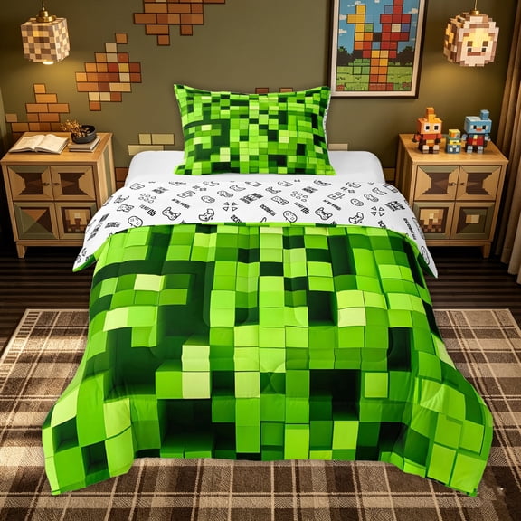meiyoeat Bright Green Game Block Twin Comforter Sets for Kids Boys, Gaming Pixel Bedding Set for Dorm, Gamepad Reversible, 2 Pieces