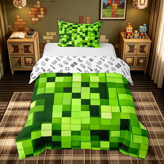 meiyoeat Bright Green Game Block Twin Duvet Cover for Kids Boys, Gaming Pixel Twin Bedding for Dorm, Gamepad Reversible, 2 Pieces