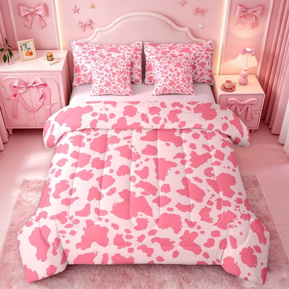 meiyoeat Bright Pink Cow Print 7 Pieces Full Size Bedding Sets,Cute Farm Animal Full Size Bed in a Bag For Girl,Reversible
