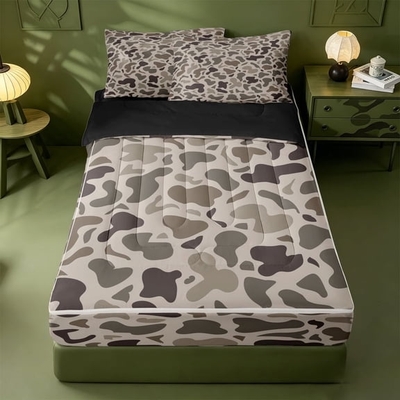 meiyoeat Brown Camo Zipper Full Size Comforter Sets with Fitted Sheet and 2 Pillowcases For Boys,Kids Personalized Camouflage Pattern Zipper Bedding Set,Black Reversible,4 Pieces