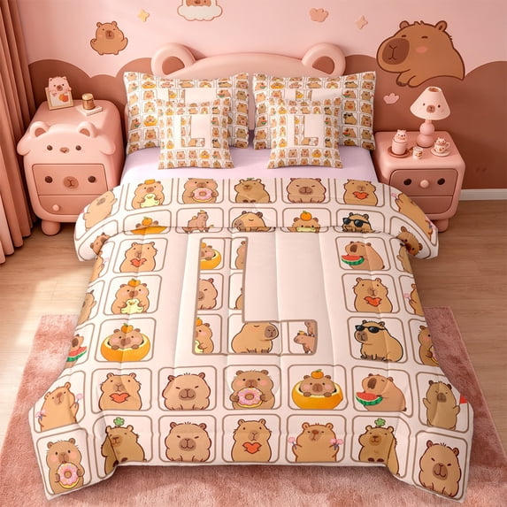 meiyoeat Brown Capybara 7-Piece Twin Bedding,Kawaii Animals Letter Print L Bedding Comforter Set,Pink Reversible