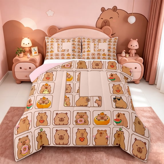 meiyoeat Brown Capybara Queen Comforter Set,Kawaii Animals Letter Print L Comforter Sets Queen,Pink Reversible,3Pcs,1 Comforter And 2 Pillowcases
