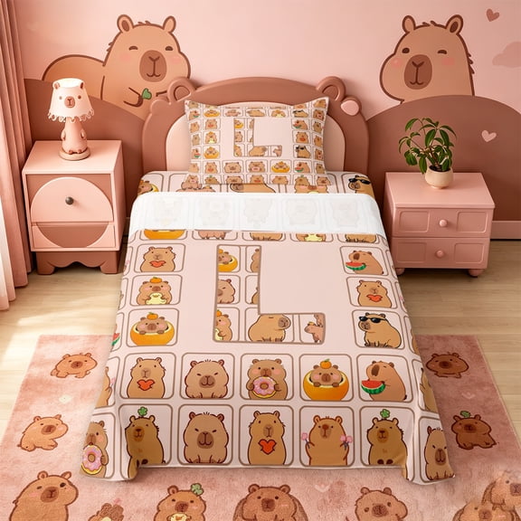 meiyoeat Brown Capybara Twin Sheets,Kawaii Animals Letter Print L Bedding,3-Piece,1 Fitted Sheet and 1 Pillowcase