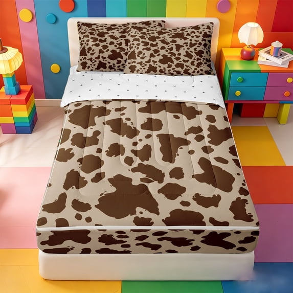 meiyoeat Brown Cow Print Zipper Twin Comforter Sets with Fitted Sheet and 2 Pillowcases For Boys,Rustic Farmhouse Zipper Bedding Set,Reversible,4 Pieces
