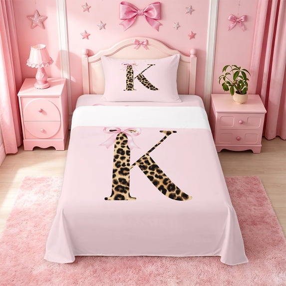 meiyoeat Brown Leopard Print Monogrammed Twin Sheets,D Cartoon Initial Letter K Bedding For Girl,3 Pieces,1 Fitted Sheet and 1 Pillowcase
