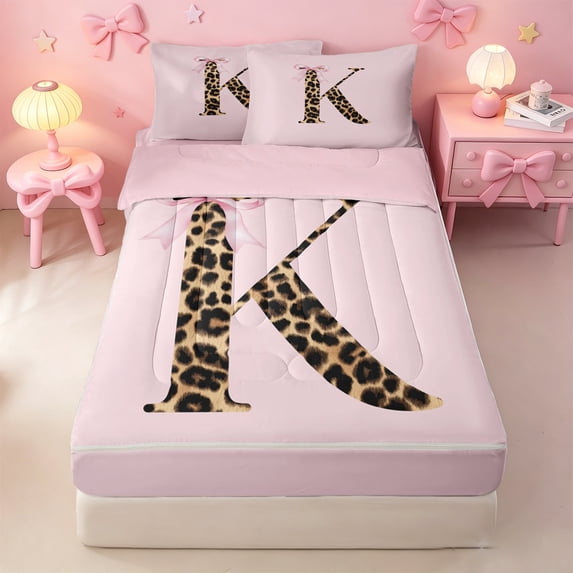 meiyoeat Brown Leopard Print Monogrammed Zipper Full Size Comforter Sets with Fitted Sheet and 2 Pillowcases,D Cartoon Initial Letter K Zipper Bedding Set For Girl,Pink Reversible,4 Pieces