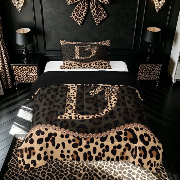 meiyoeat Brown Ribbon Initial D Twin Comforter Sets for Girls, Leopard Print Polka Dots Bedding Set, Black Reversible, 2-Piece, 1 Comforter and 1 Pillowcase