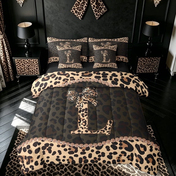meiyoeat Brown Ribbon Initial L Twin Bedding for Girls, Leopard Print Polka Dots Bedding Comforter Set, Black Reversible, 7 Pieces